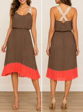 Jessica Simpson Womens 4 Taupe Coral Pleated Midi Pullover Dress Crisscross Back